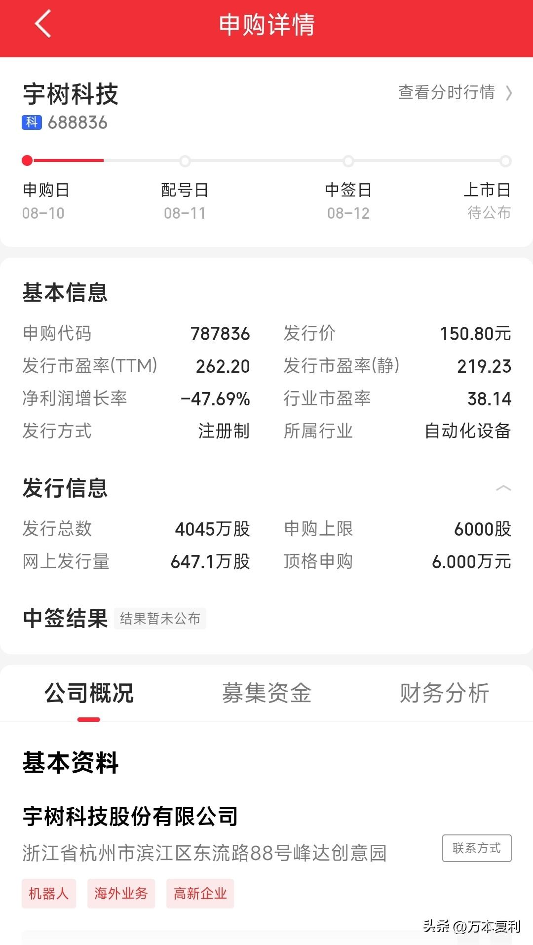 宇树科技上市，你们申购了吗？219倍市盈率，净利润增长-47%，感觉这个与长鑫没