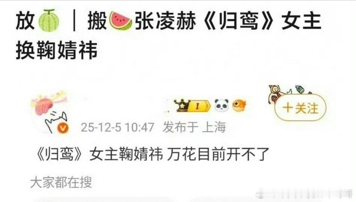 🍉张凌赫《归鸾》女主换鞠婧祎，万花暂时不开了 