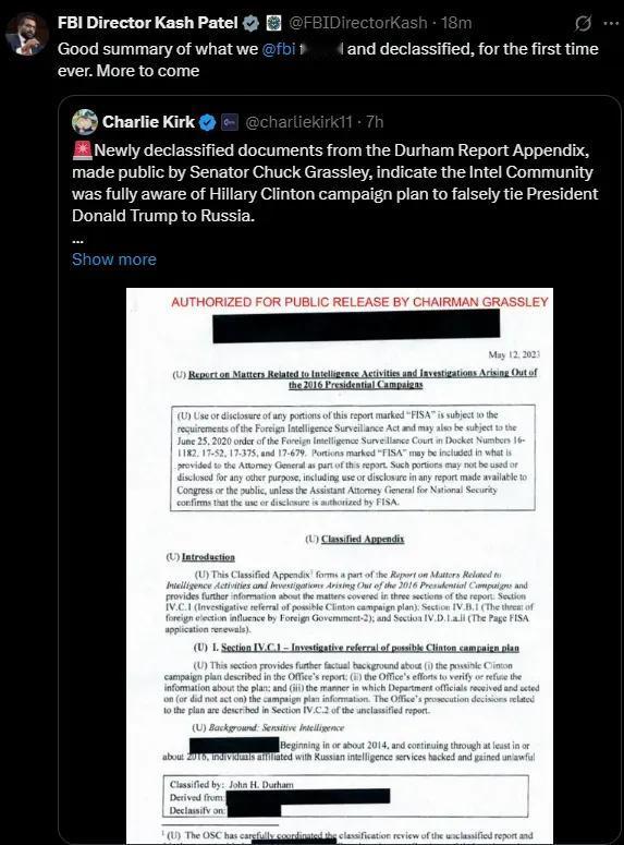 🚨🇺🇸卡什·帕特尔警告克林顿与俄罗斯关系丑闻“未来还会有更多爆料”

FB