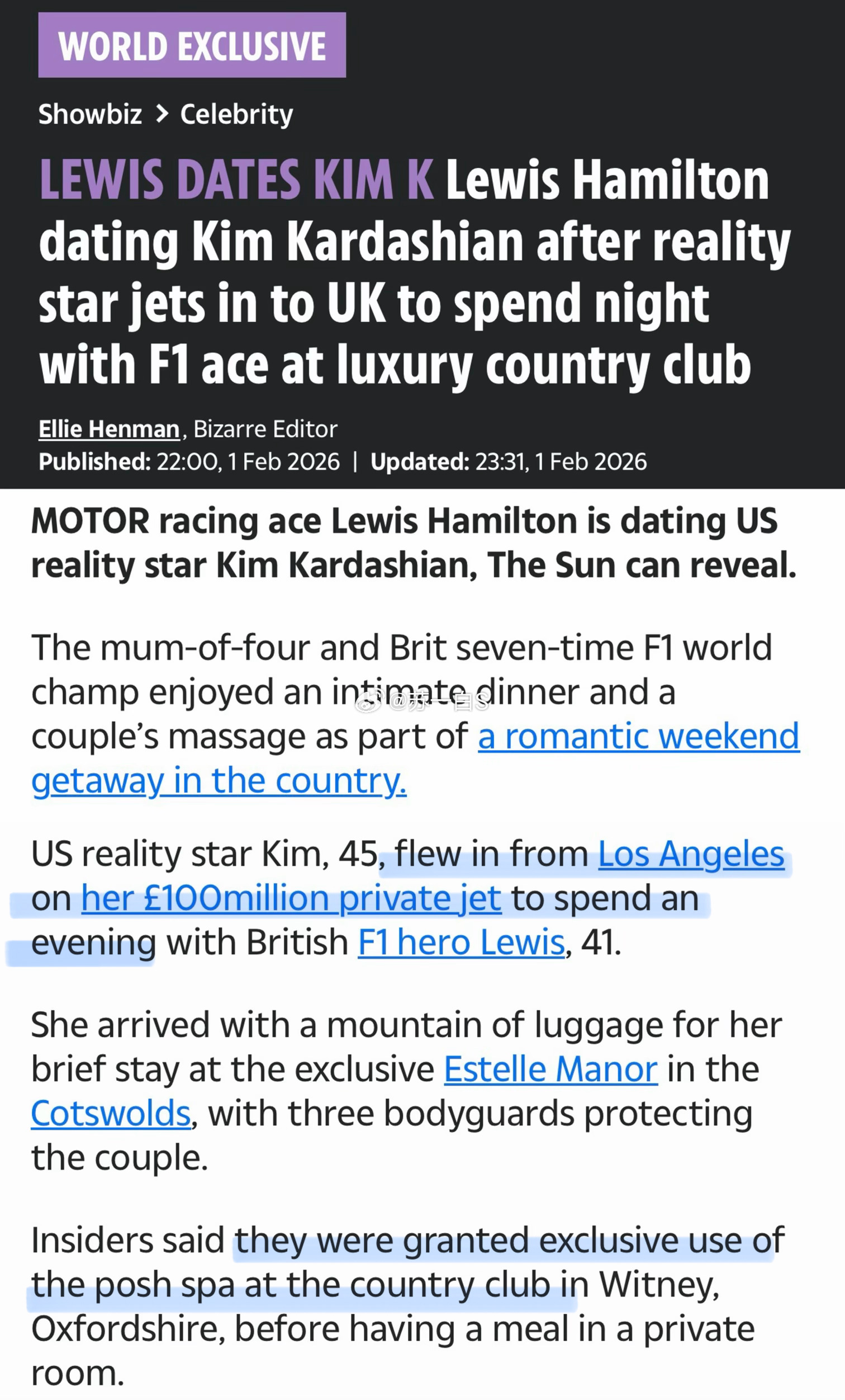 金·卡戴珊和刘易斯·汉密尔顿🙉《太阳报》说这俩在秘密约会，还说金姐特别乘坐私人