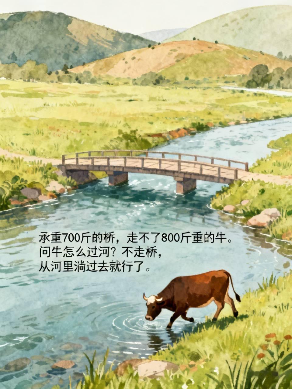 承重700斤的桥，走不了800斤重的牛。问牛怎么过河？不走桥，从河里淌过去就行了