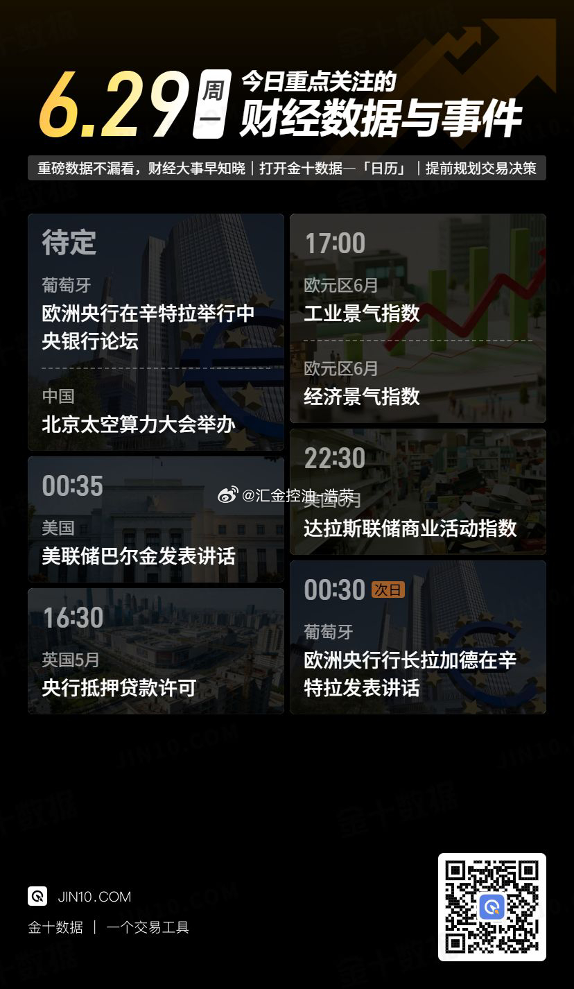 今日重点关注的财经数据与事件：2026年6月29日 周一 