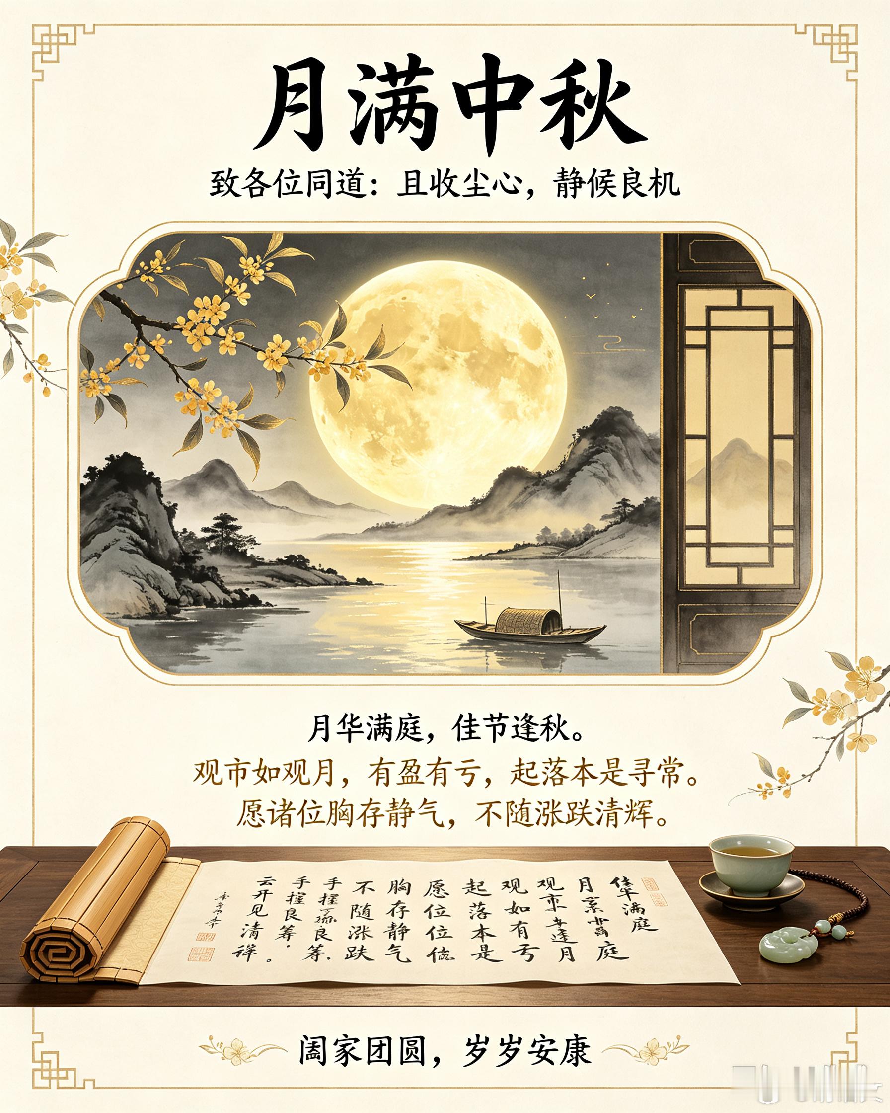 皓月临窗，中秋安康。股市沉浮，恰似月有阴晴，盛衰自有其时。愿君静守本心，不逐浮浪