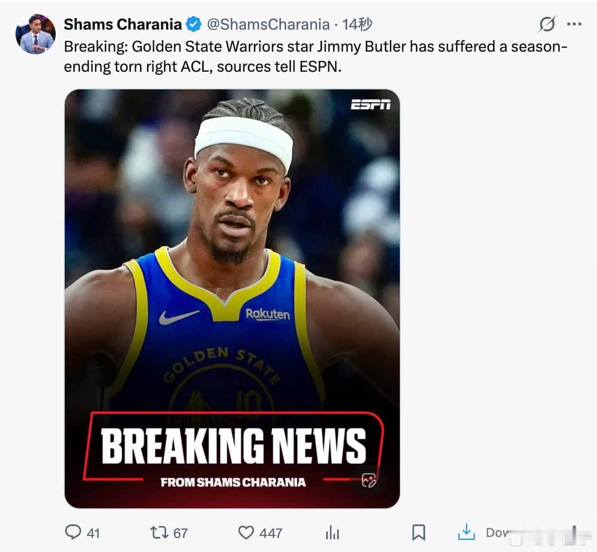 巴特勒前十字韧带撕裂 热火vs勇士勇士金州勇士队nba