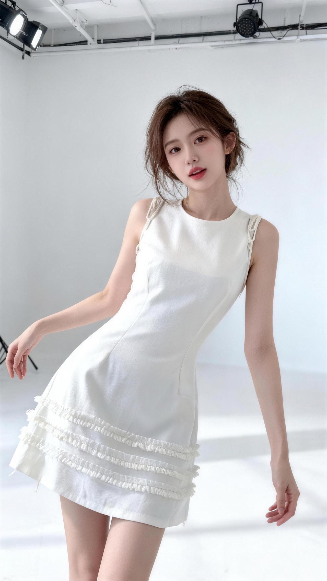 无袖收腰白色连衣裙 白色无袖连衣裙 白色裙装造型 白色裙摆连衣裙 纯白色无袖连衣