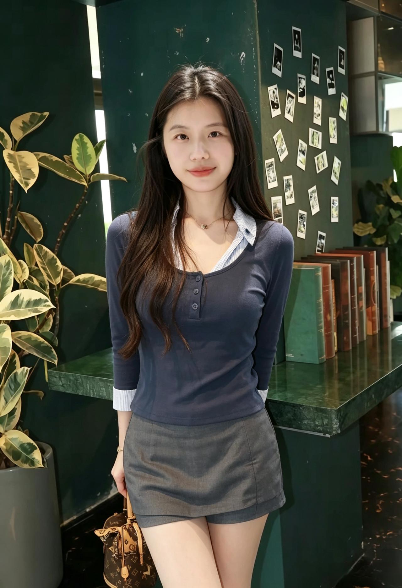 长发如波浪垂落
针织衫裹住温婉气场
裙裤利落，包包精致
身后花簇与灯火次第盛放