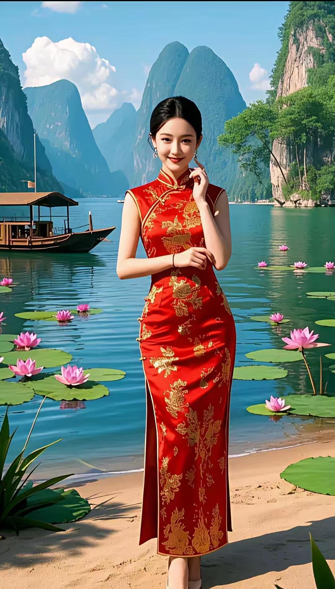 清江引·红妆映荷
朱裳绣凤云章缀，
高衩凝香袂。
云鬟钿饰娇，
玉面妆容媚。
荷