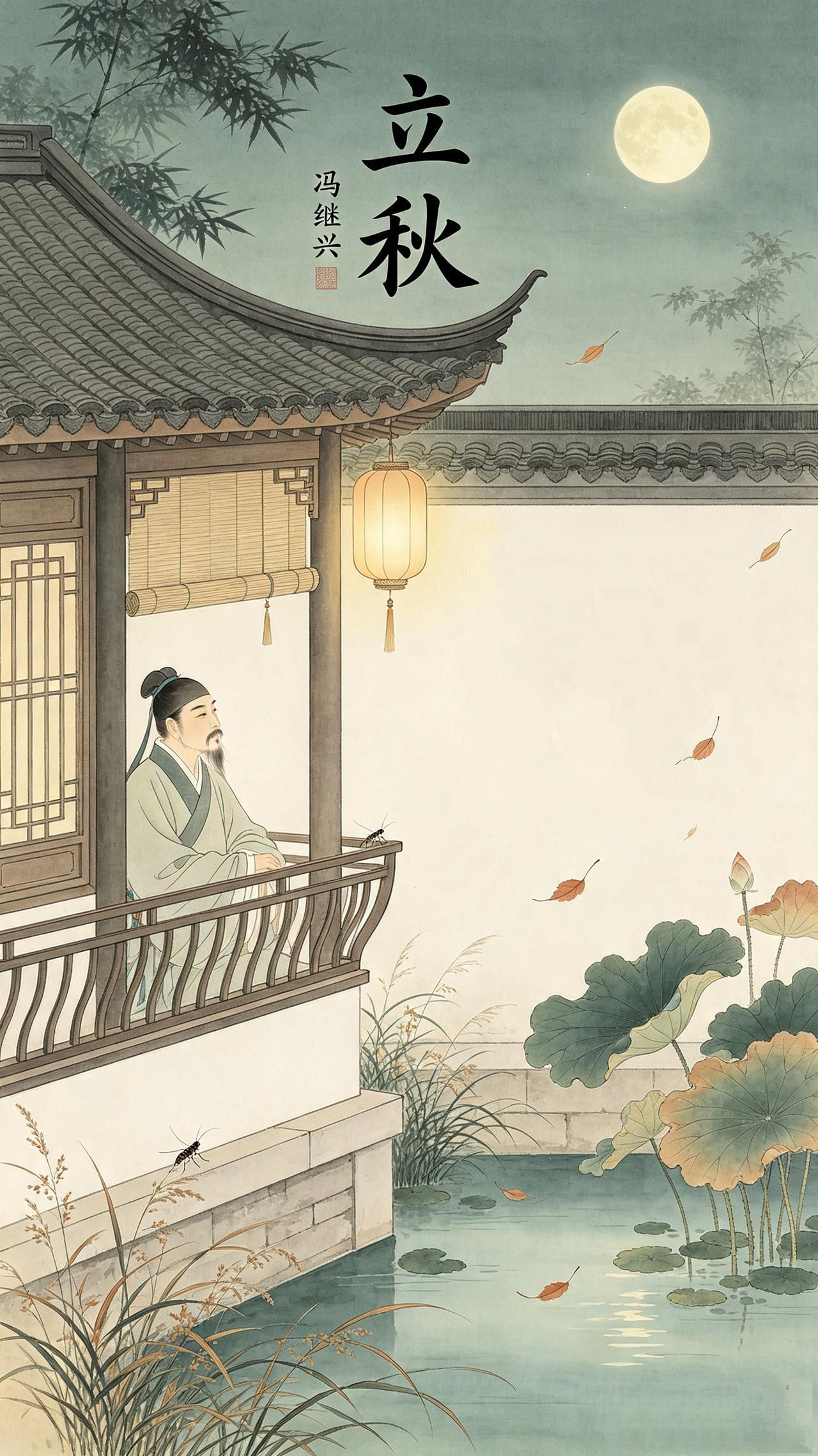 立秋
文/冯继兴

捎暑微凉人倚楼，草蛩闲噪扯心头。
年光半褪明花稳，不把轻寒惹