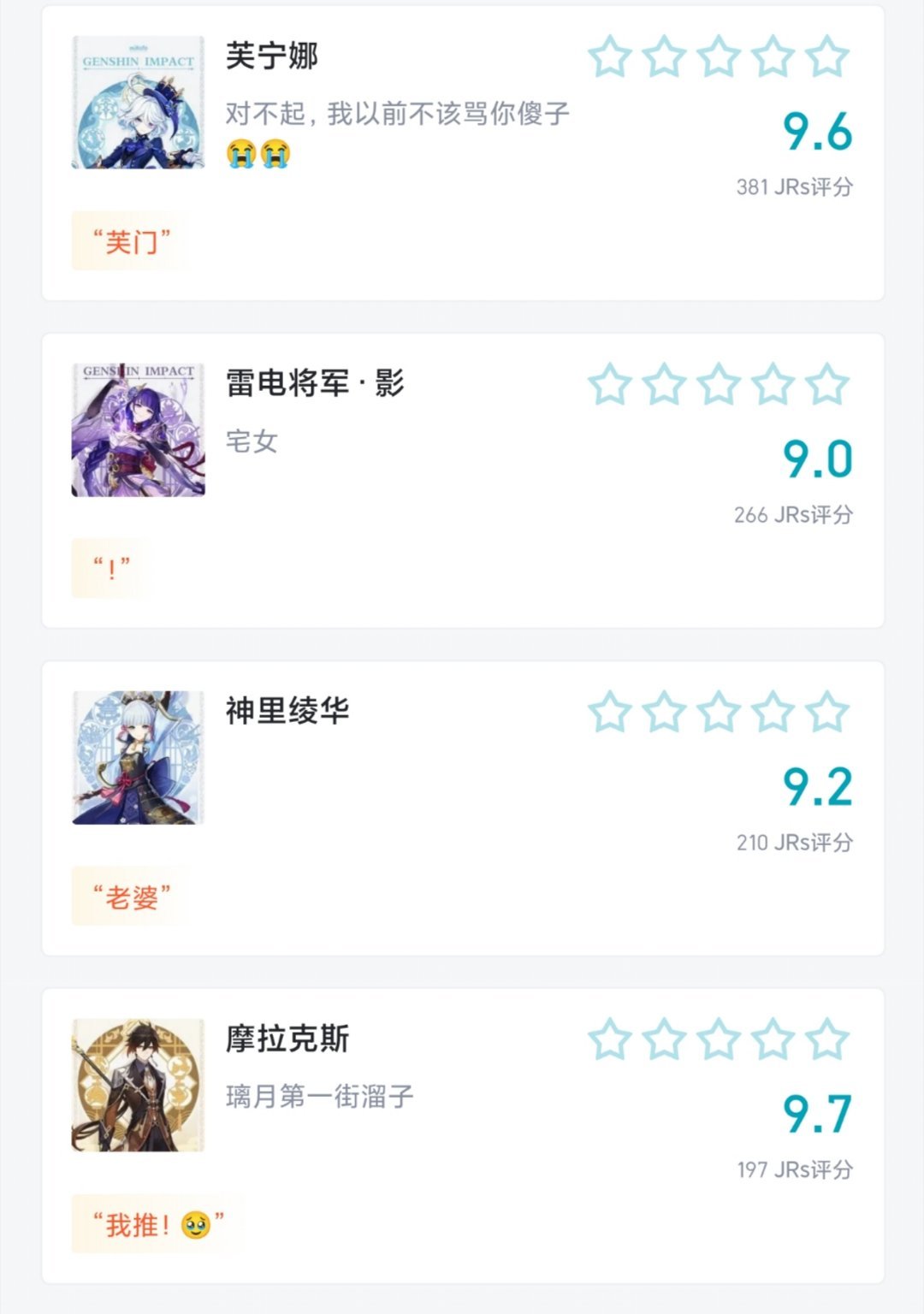 #原神4.2版本##高玩解读##原神# 盘点 【虎扑】上奇奇怪怪的原神角色评分，