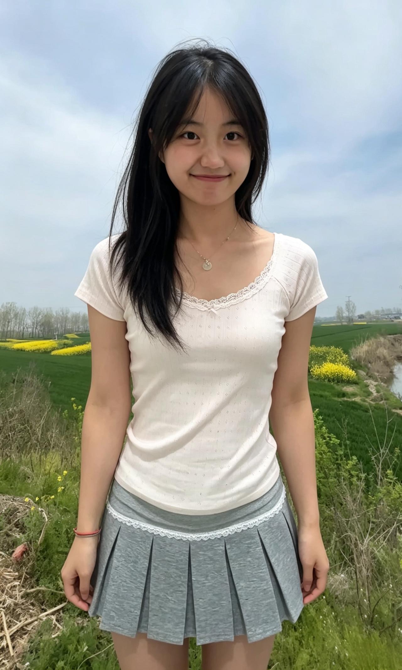 绿野铺青嶂，黄花点碧川。
倩女嫣然笑，春色落眉前。