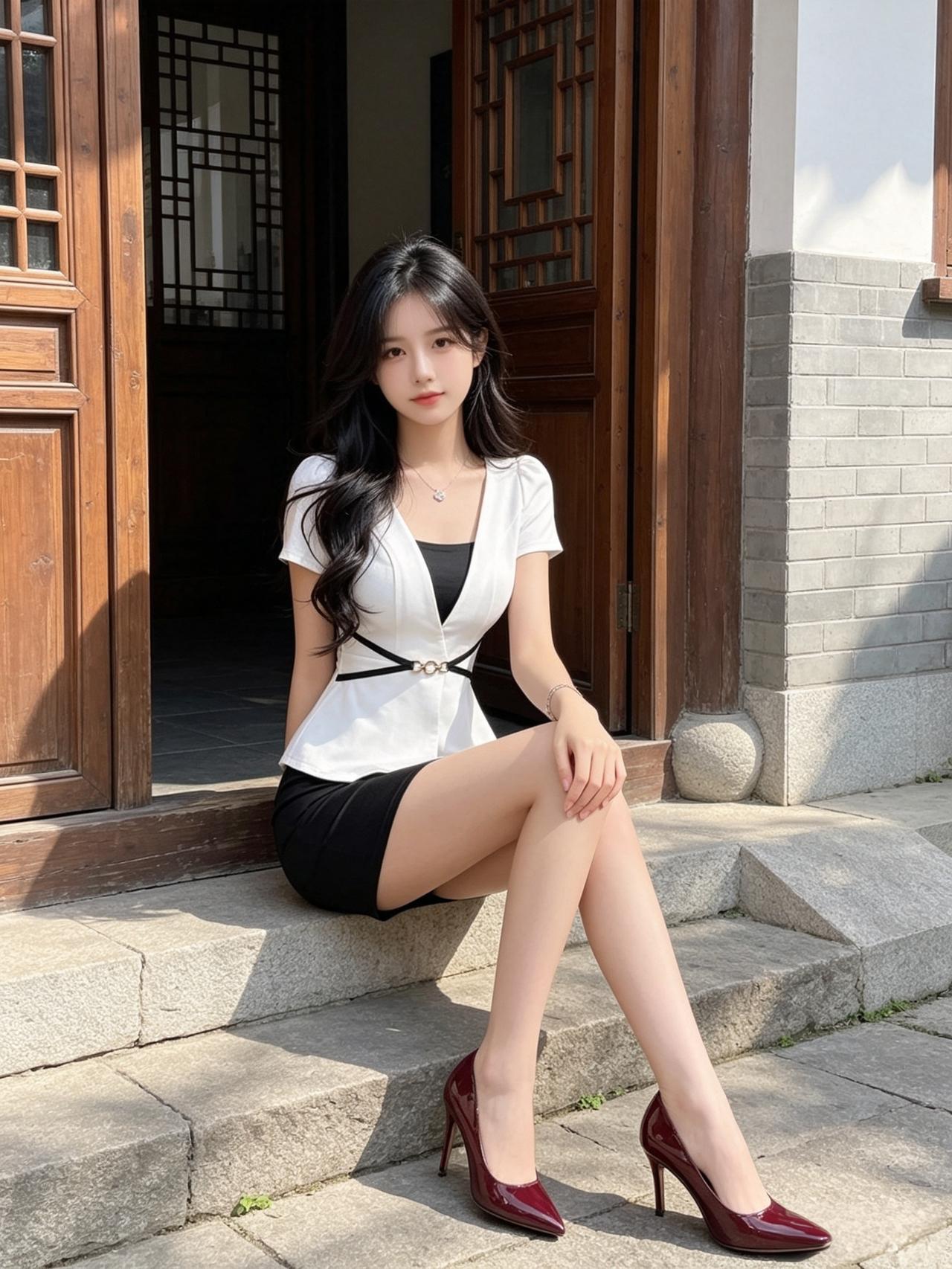 少女感穿搭的精髓是什么阳光洒在古色古香的木门前，她身着黑白套装，搭配酒红高跟鞋，
