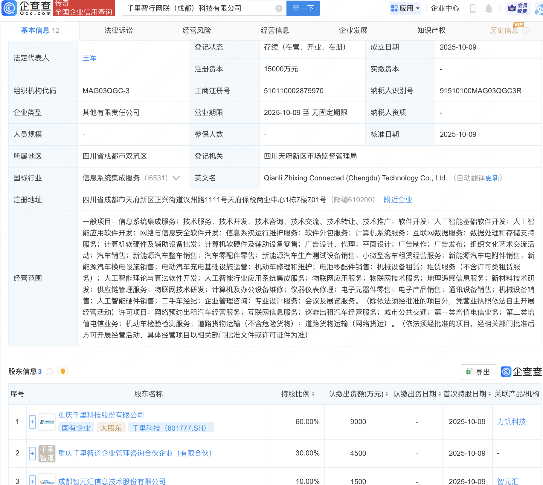 千里科技等成立智行网联公司，含多项AI业务