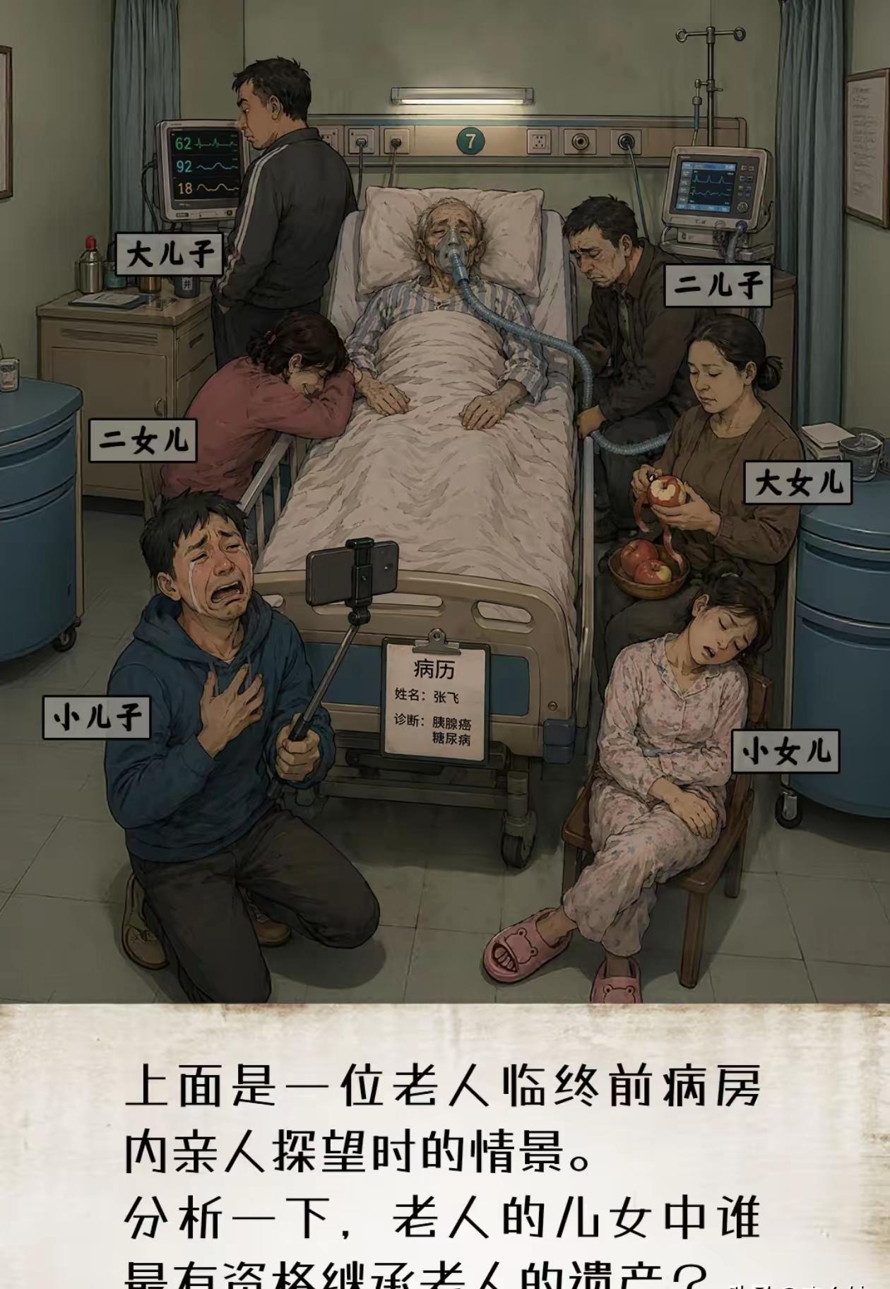 我觉得图中的大儿子，只盯着仪器屏幕，仿佛是在等待着老人最后一口气。

二儿子，手