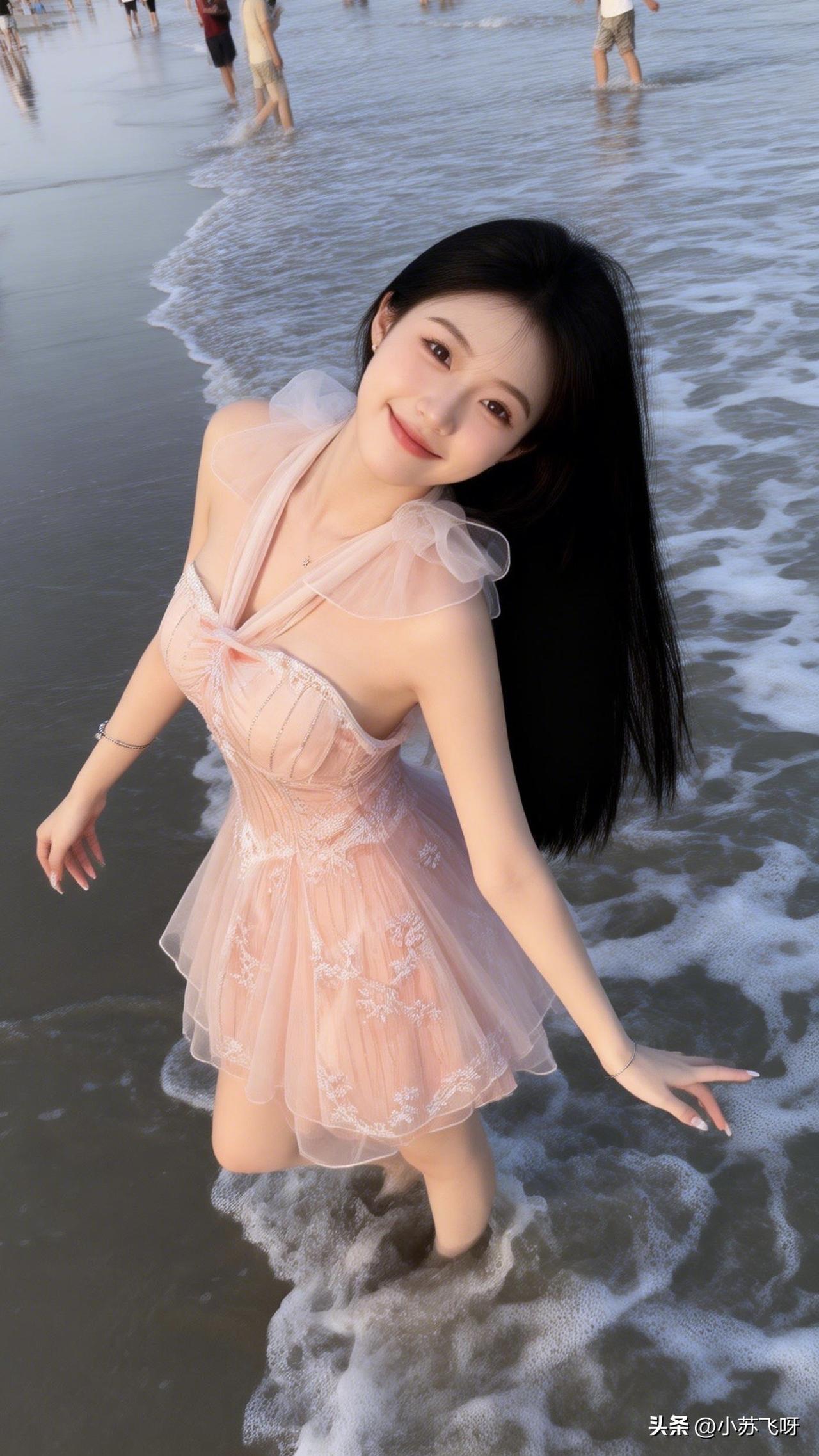 的快乐：“碧海翻波似雪涛，小苏飞呀乐逍遥；足尖轻点浪花舞，快意随波逐浪潮！”[可