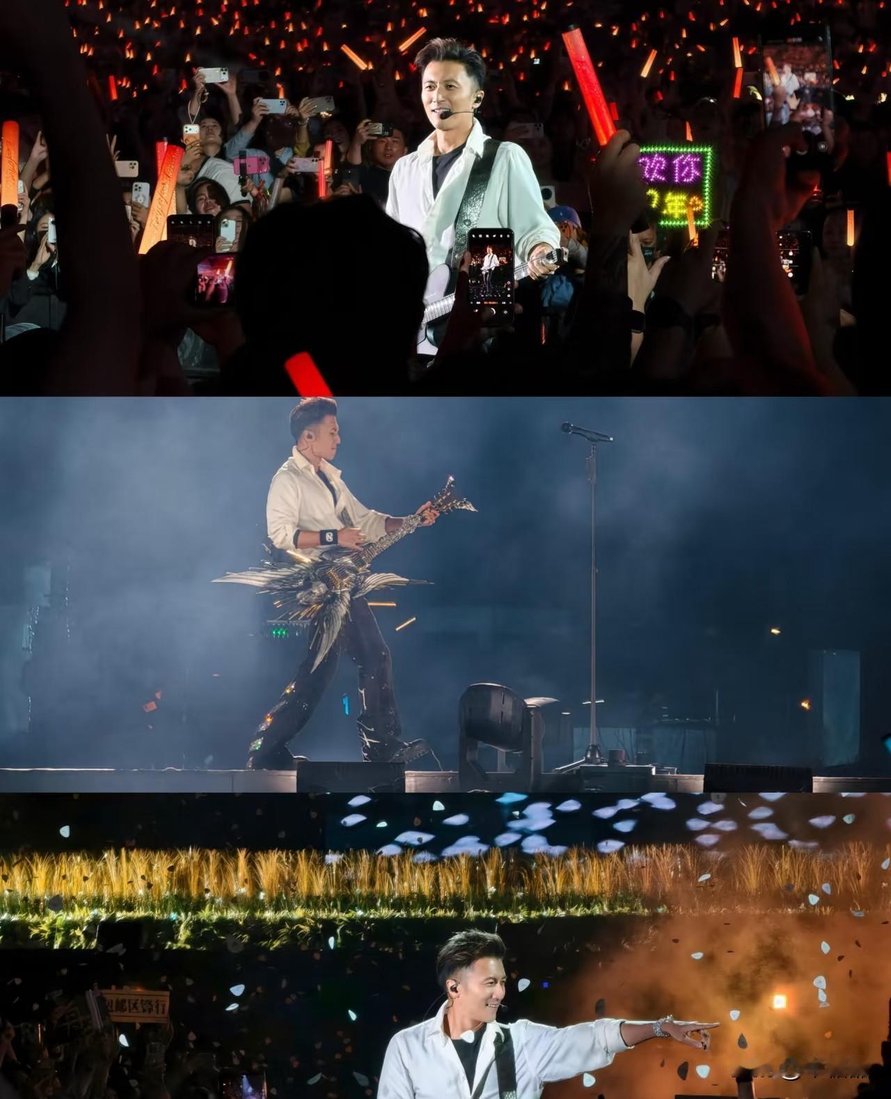 理解了谢霆锋为什么不换衣服
因为吉他就是衣服，全场光换吉他了。他想给观众们看他的