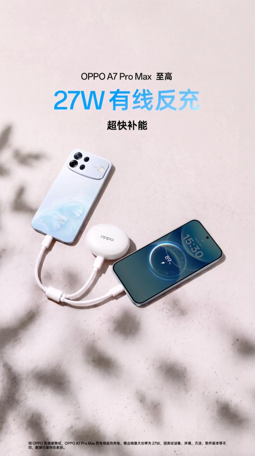OPPO A7 Pro Max搭配一根充电线，就能直接变身充电宝，给各种设备反向