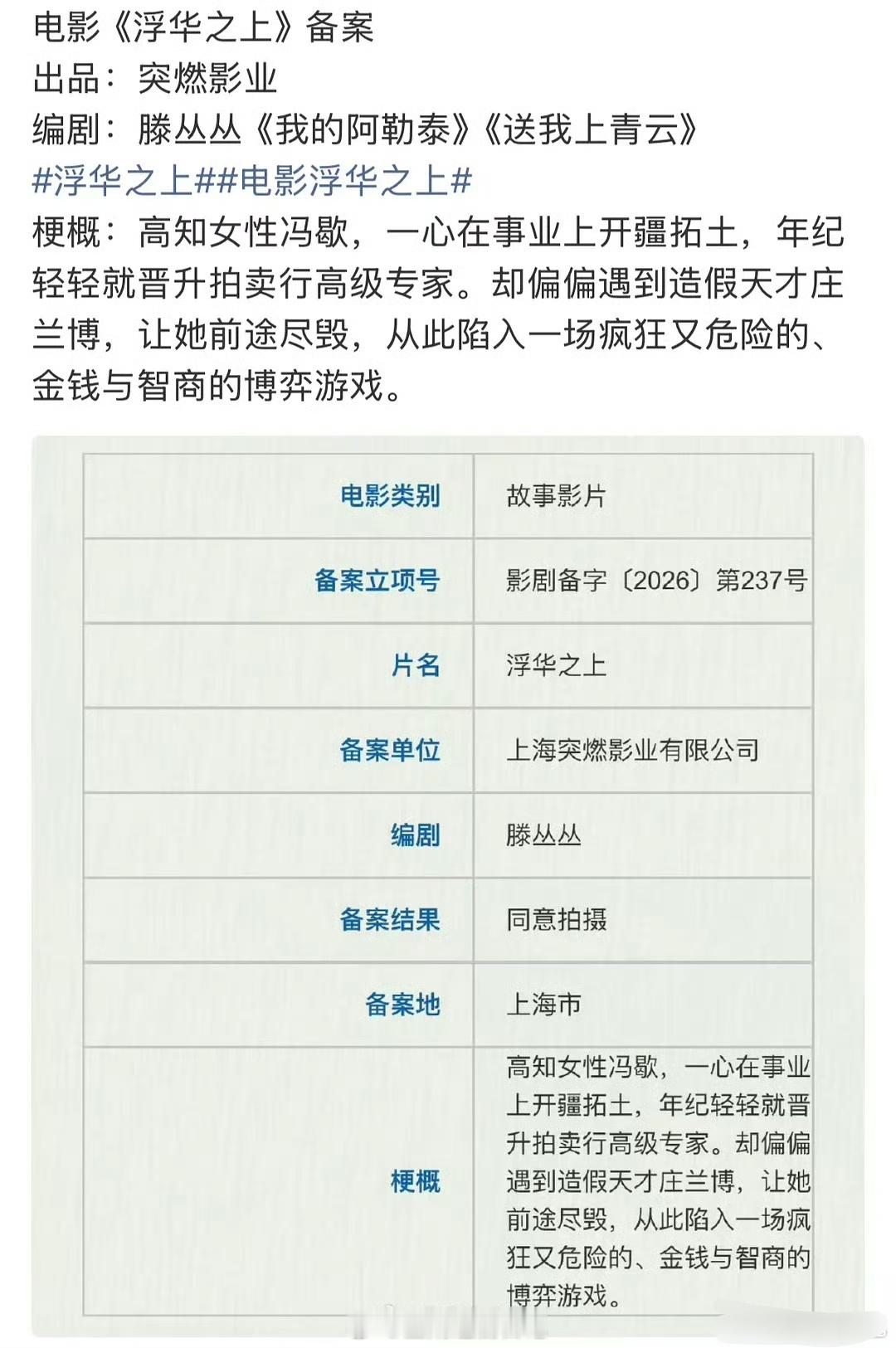 赵丽颖电影🍉大女主电影项目《浮华之上》立项了～女导演，编剧滕丛丛，女性向高智电