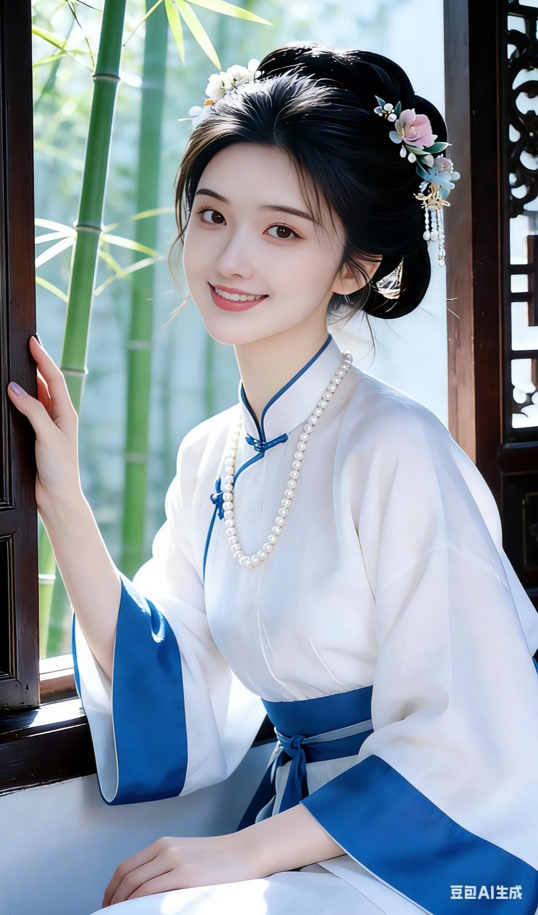 古风少女倚窗笑，竹影婆娑映窗纱。