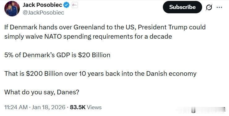 如果丹麦把格陵兰交给美国，川普总统可以直接免除丹麦未来十年的北约军费要求。

丹