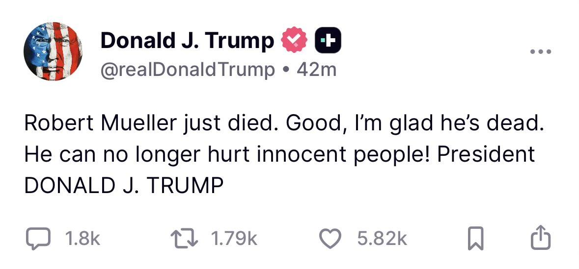 前FBI局长去世，
老特：“我很高兴他死了”。

这个前局长之前带人突袭海湖庄园