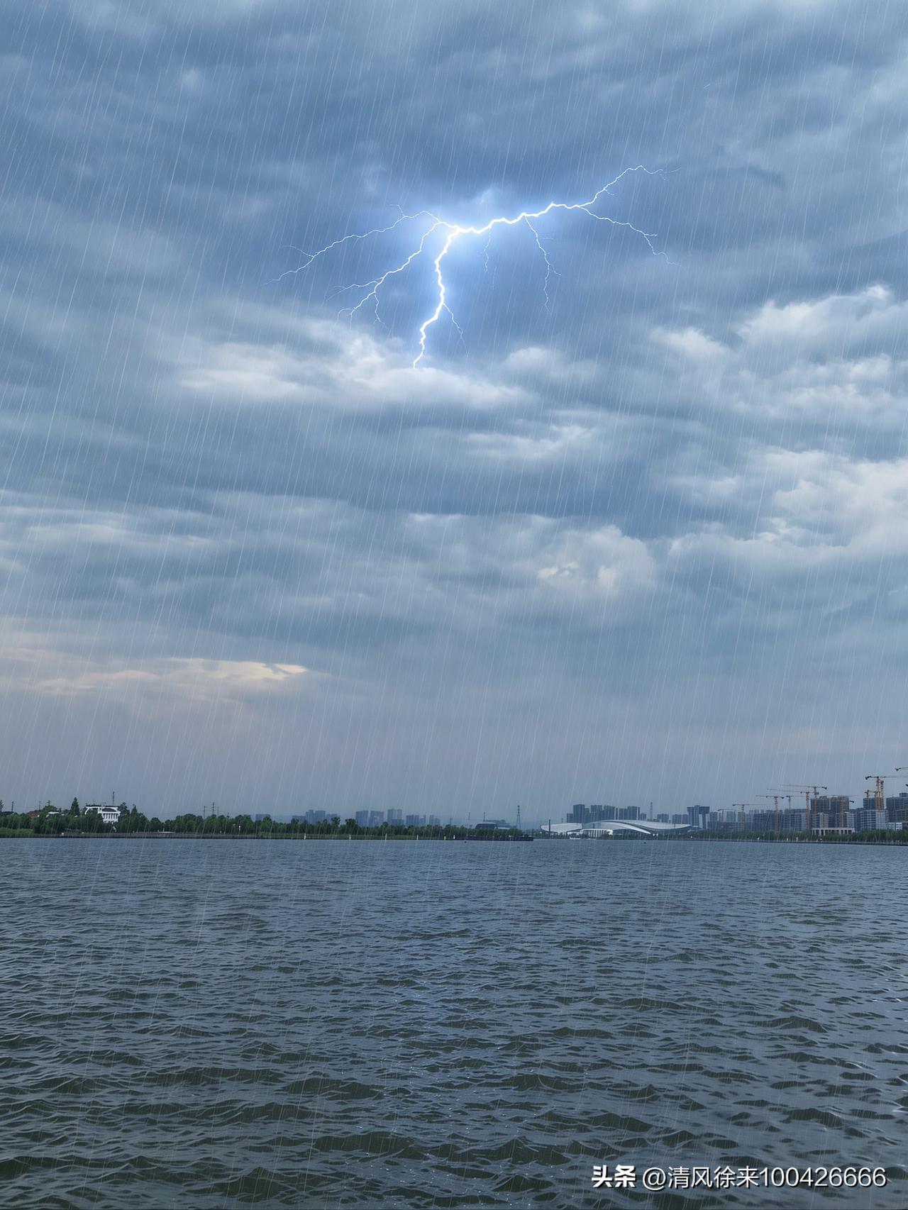 乌云压满甬江上空，密雨千丝垂落，敲碎江面层层波纹。一道雪亮闪电骤然撕裂灰蒙云天，