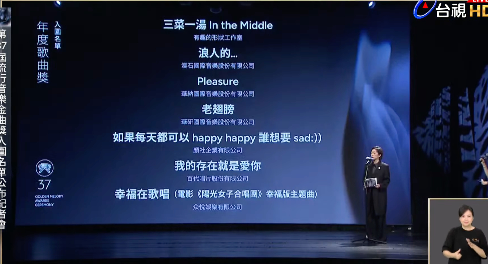 37届金曲奖年度歌曲奖入围名单蔡依林pleasure！！！张惠妹我的存在就是爱你