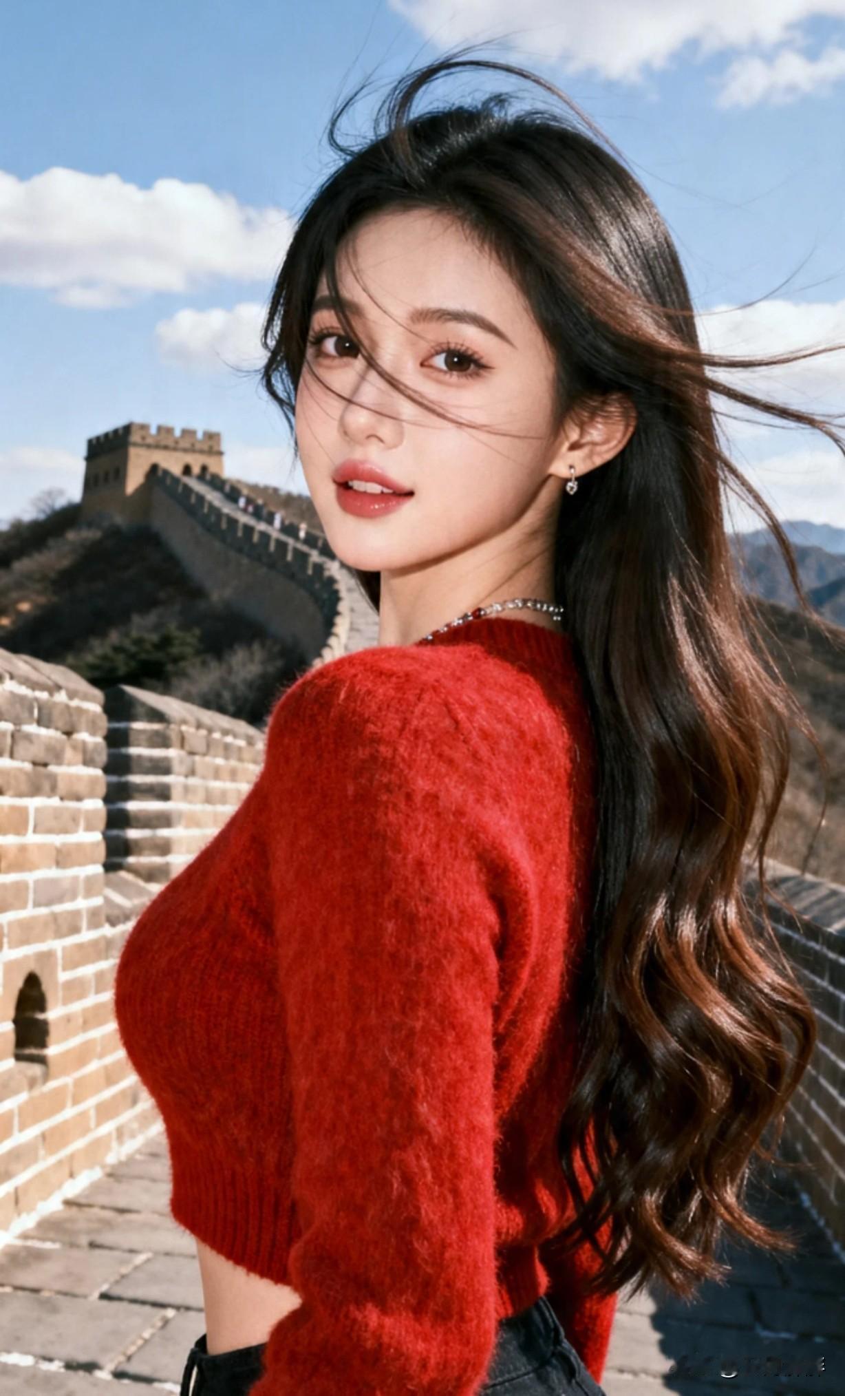 红衣少女与古老城墙的完美邂逅，惊艳了时光！交换一张你的AI作品吧～