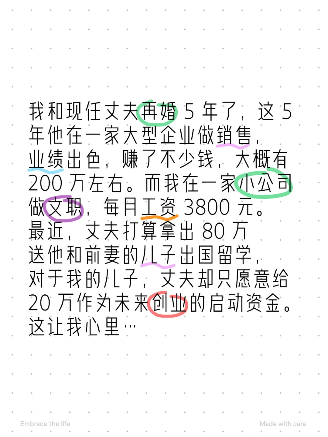 我和现任丈夫再婚 5 年了，这 5 年他在一家大型企业做销售，业绩出色...