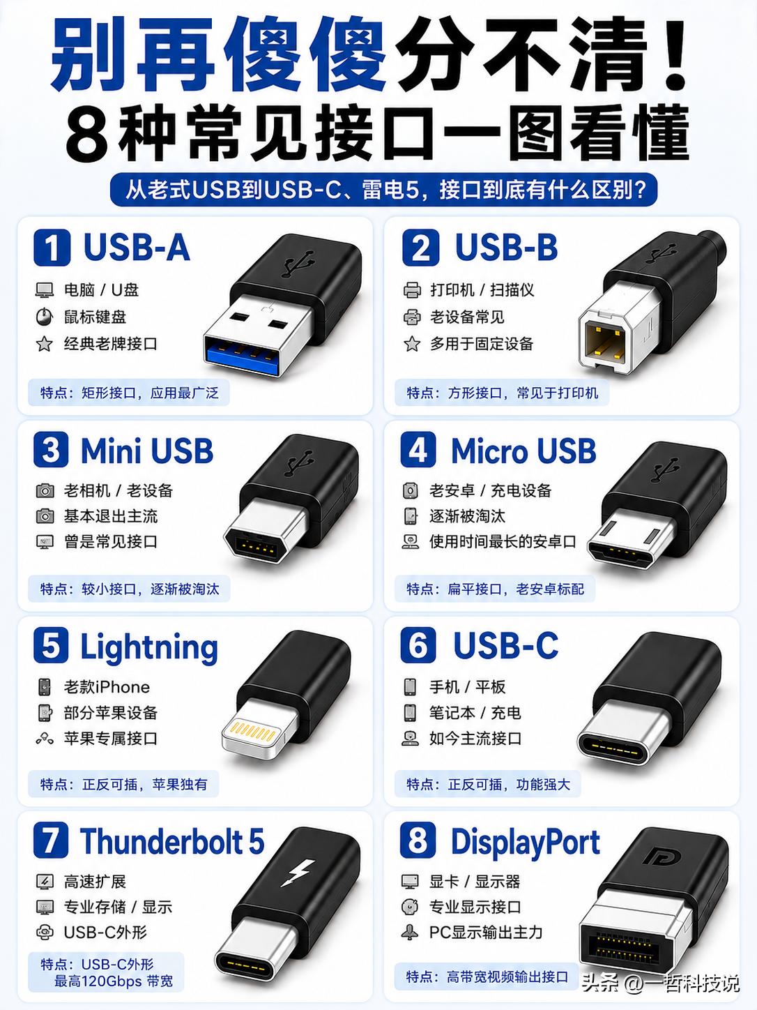 一图看懂！8种常见接口到底有什么区别？

别说你用了这么多年USB，连USB-A