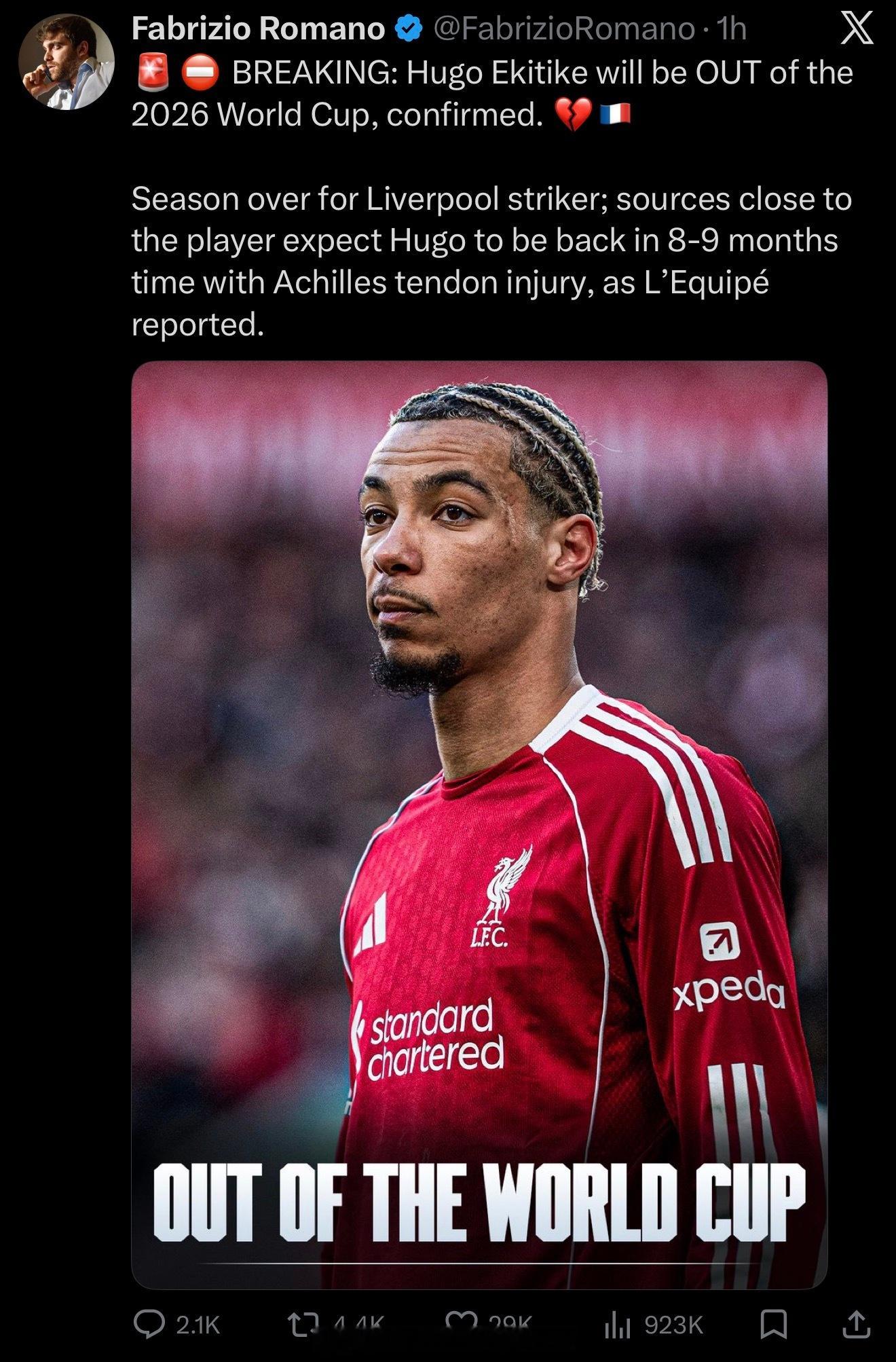昨晚利物浦欧冠前锋大伤啊？跟腱断裂？确认错过世界杯了，哪个国家的？法国？ 