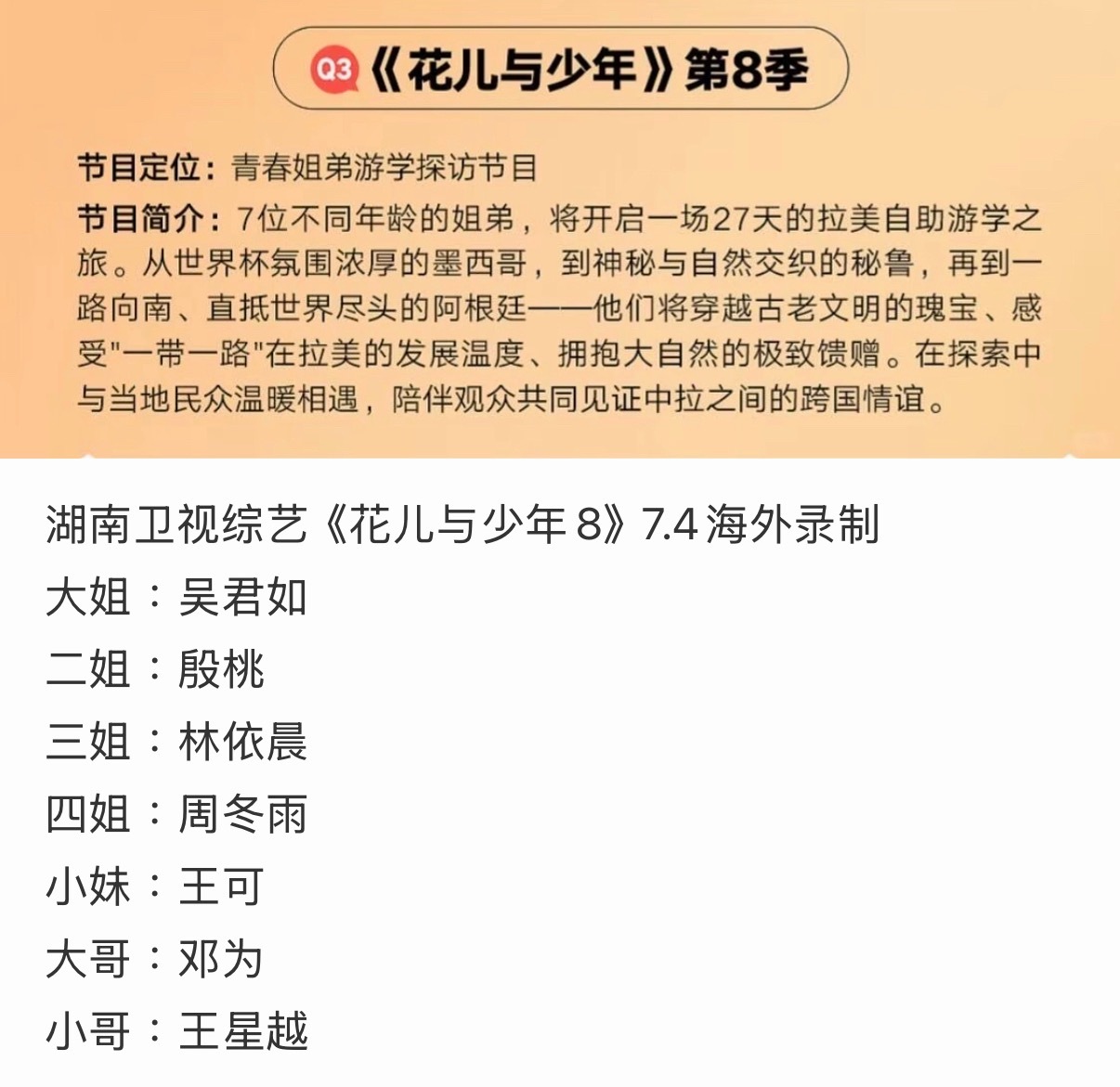 网传花少8阵容吴君如 殷桃 林依晨 周冬雨 王可 邓为 王星越 