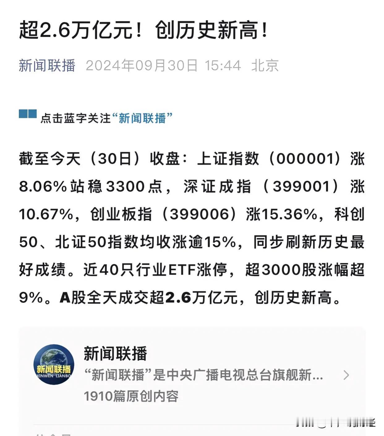 2.6万亿元天量，A股牛市上了新闻联播：2024年9月30日收评，A股今天创造了