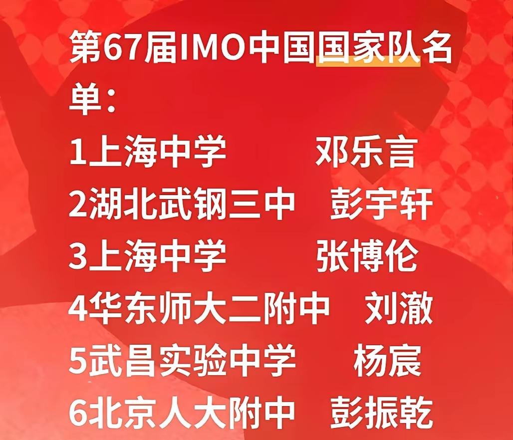 上海中学的邓乐言继续参加今年IMO。
​2026年第67届IMO（国际数学奥林匹