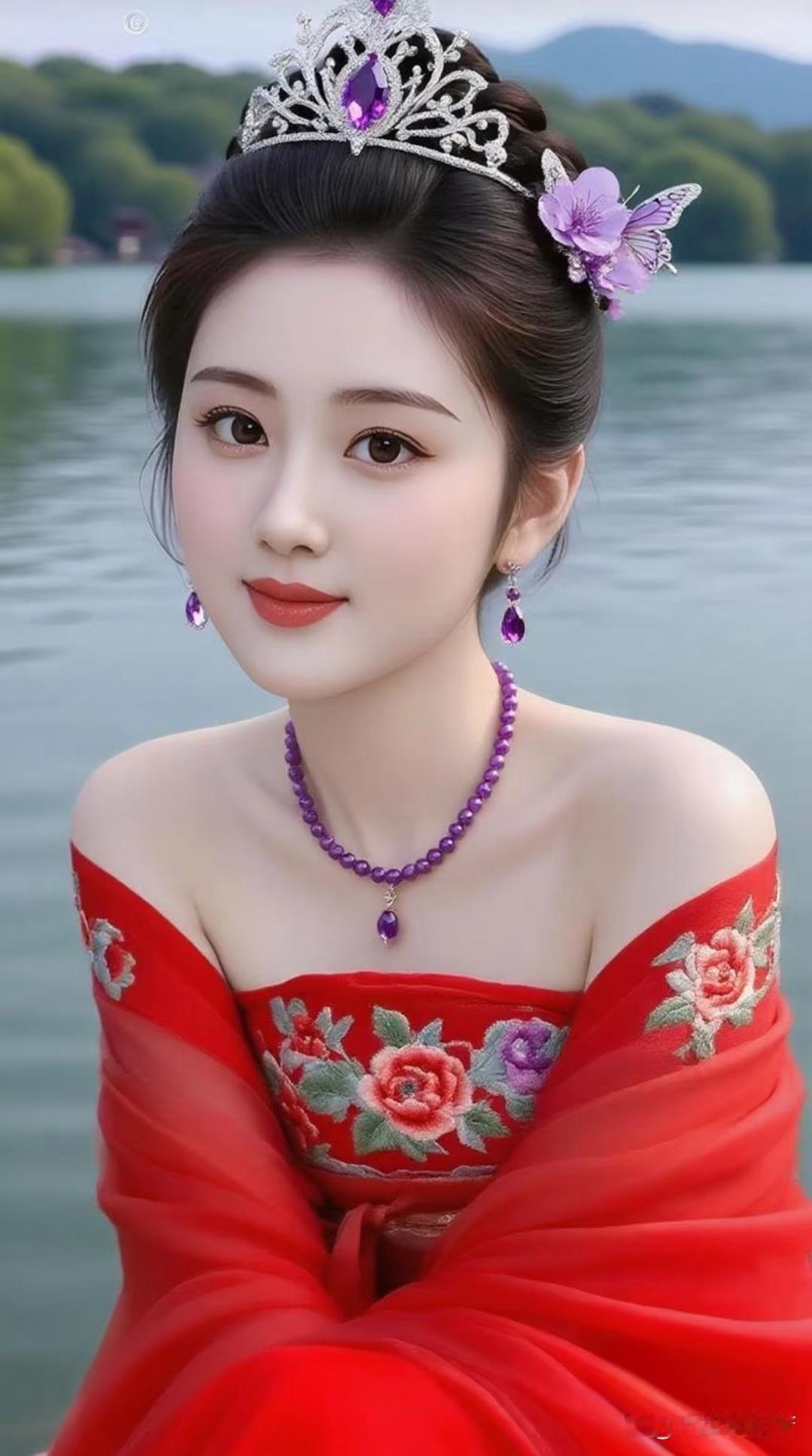 金字经·湖畔佳人
湖畔佳人俏，
红裳娇韵添。
皇冠珠辉蝶饰妍。
怜，紫链悬秀颜。