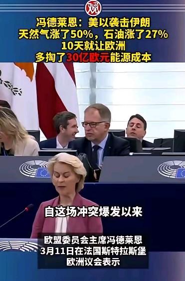 欧盟委员会主席冯德莱恩于当地时间3月11日在欧洲议会上指出，美以对伊朗发动袭击后