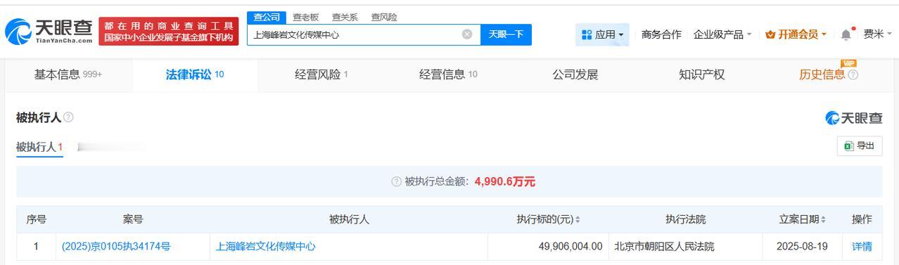 李易峰及名下公司等被执行4990万
李易峰及名下公司成被执行人
天眼查天眼风险信