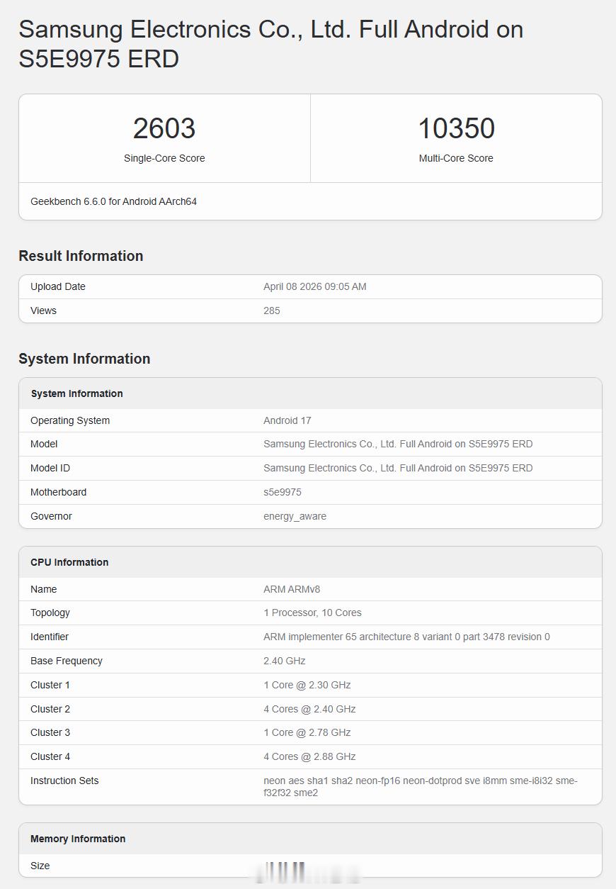 三星 Exynos 2700 早期跑分来了，不过参考价值不大，6.6.0 版本单