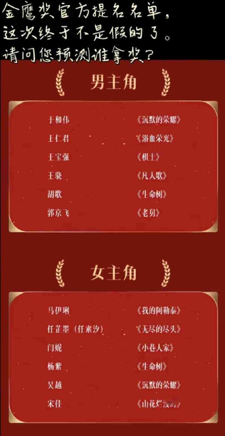 今天金鹰奖提名名单正式官宣，男女主角全是实力派，竞争直接拉满。
 
男主这边，于