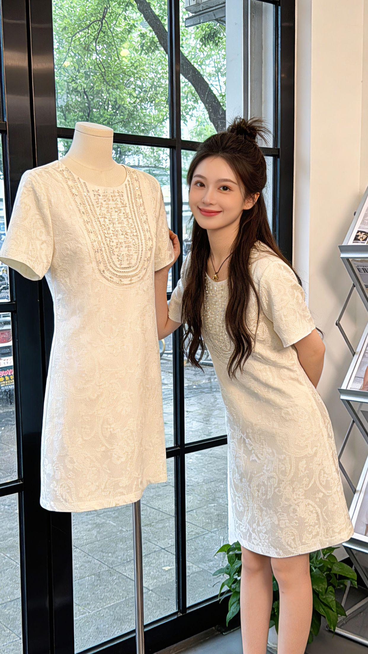 谁懂啊！夏天真的离不开一条万能白裙。Danny身上这条提花连衣裙，自带细腻肌理感