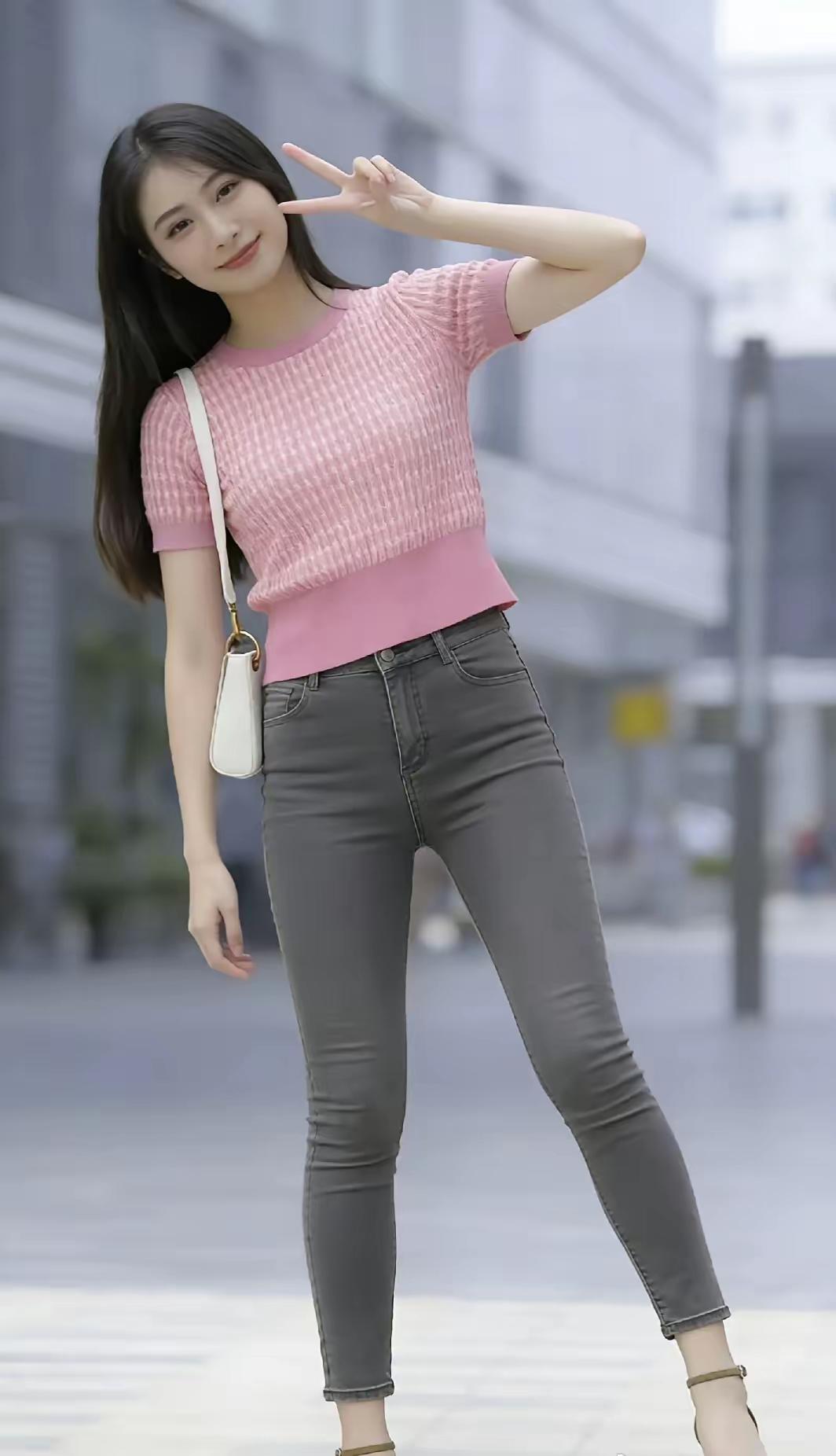 元气少女穿搭指南💕粉色上衣+灰色牛仔裤，轻松出街！街拍