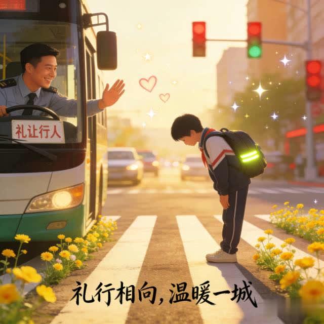 礼行相向，暖透一城！公交司机礼让行人，少年鞠躬致谢，这才是最动人的双向奔赴
 