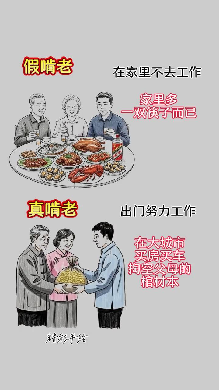 假啃老。
在家里不去工作，家里多一双筷子而已。真啃老，出门努力工作，在大城市买房