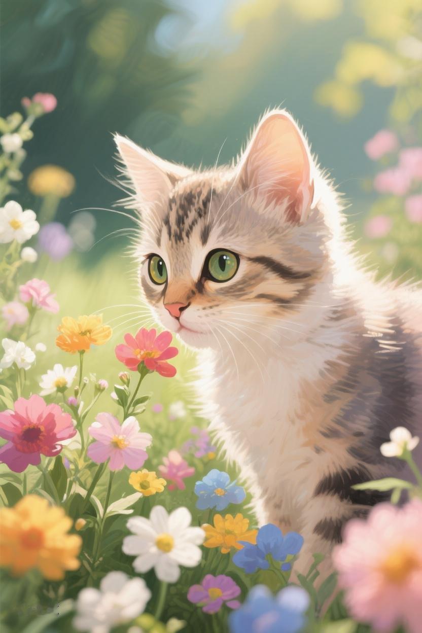AI随心绘那只猫在花海中嗅着花，仿佛世间纷扰皆远去，唯有美好与宁静💐