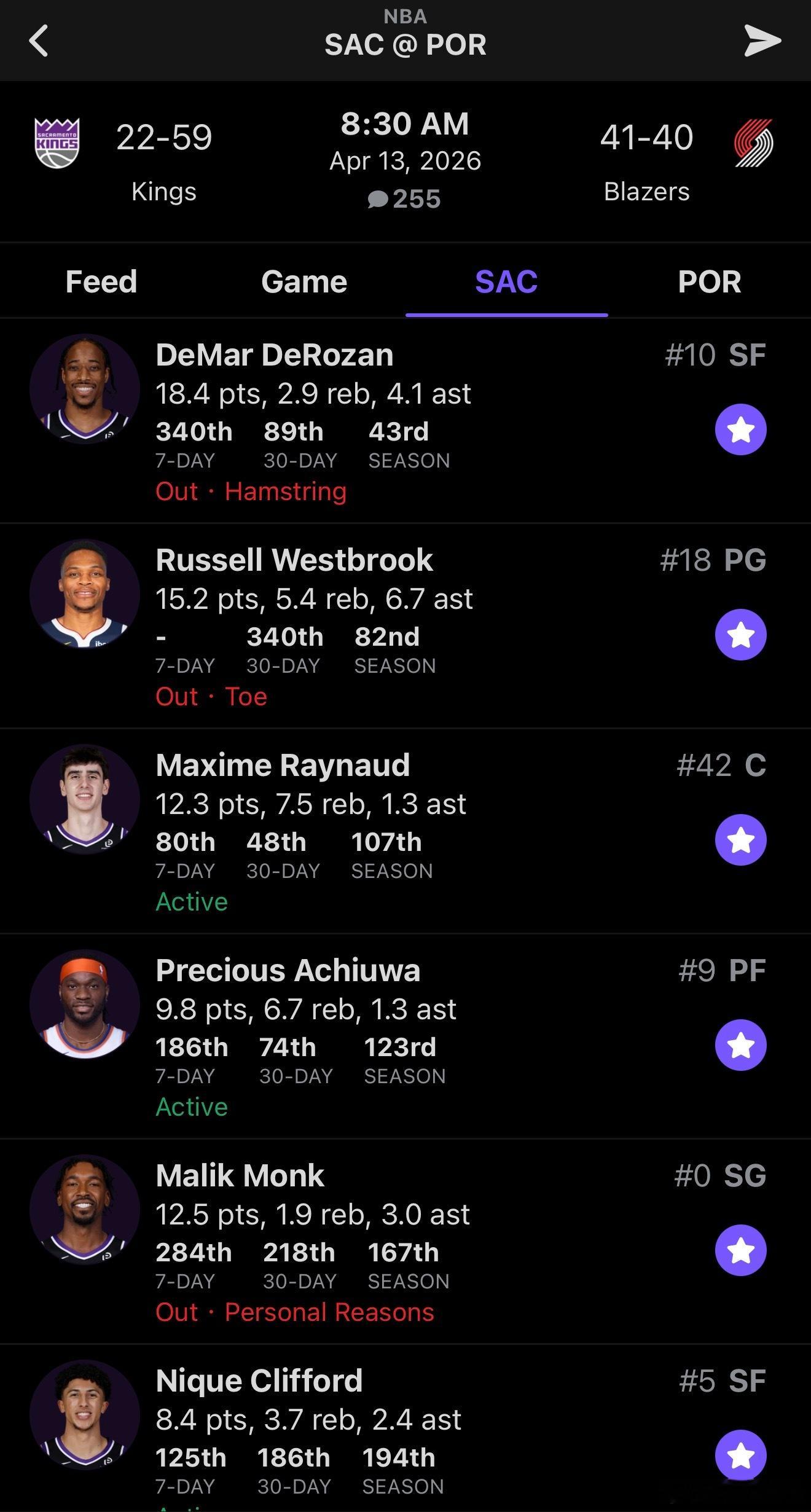 明天在波特兰，国王队可出战球员名单，德罗赞，威少缺席：• 德文·卡特• 尼克·克