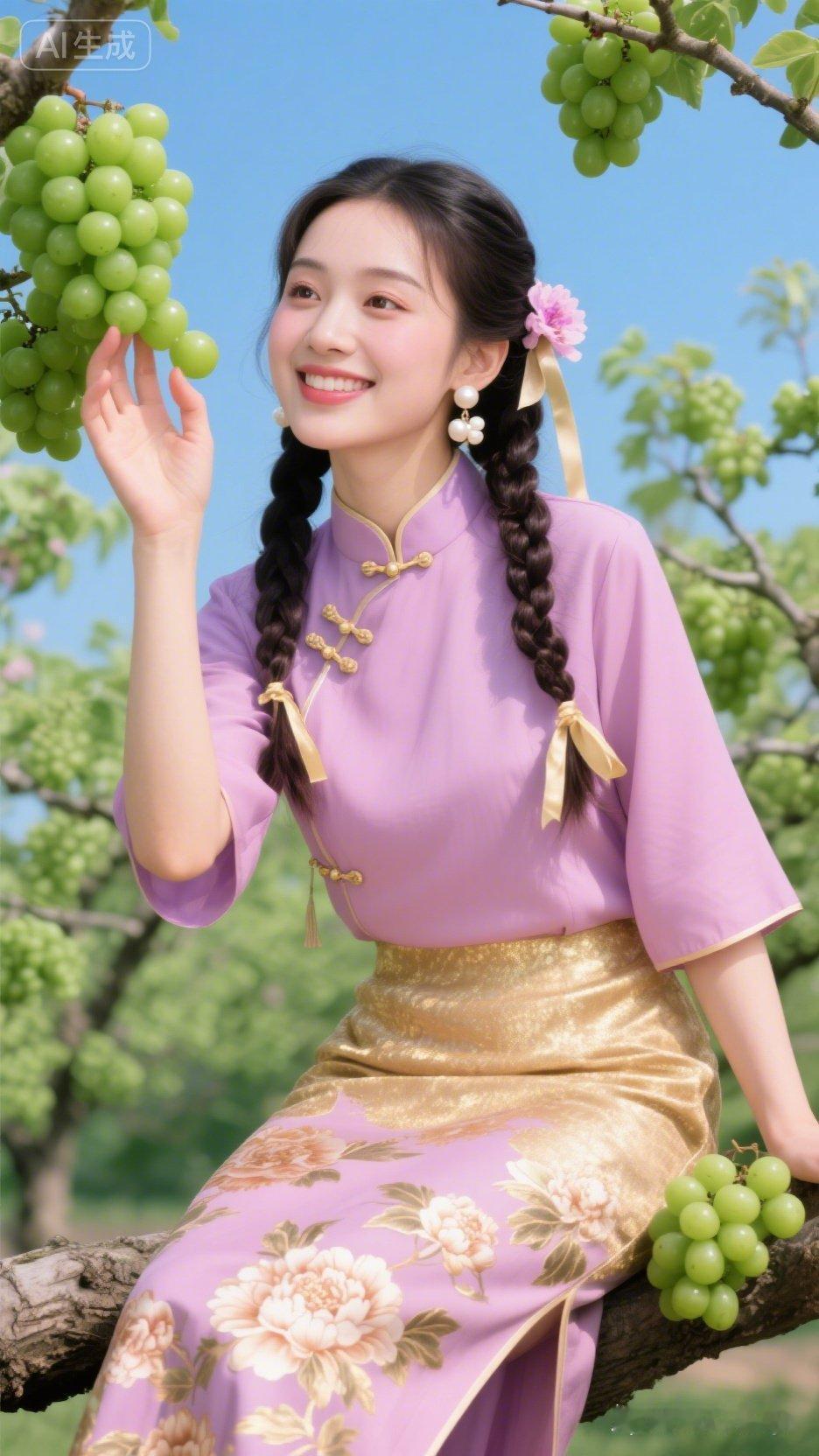 “春日里的少女，笑靥如花，与绿葡萄相伴”🌸🍇