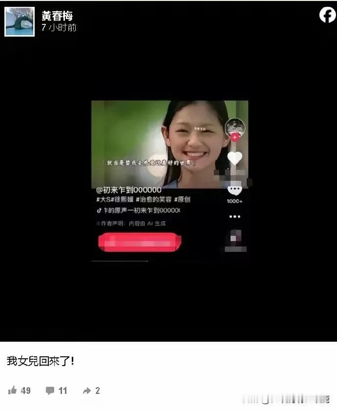 S妈在网上分享AI大S的视频，并留言“我女儿回来了”。

结果没想到评论区却一片