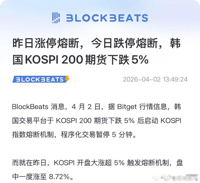 一天熔断两次，韩国股市上演“情绪过山车”昨天开盘嗨涨5.5%，今天期货暴跌5%直