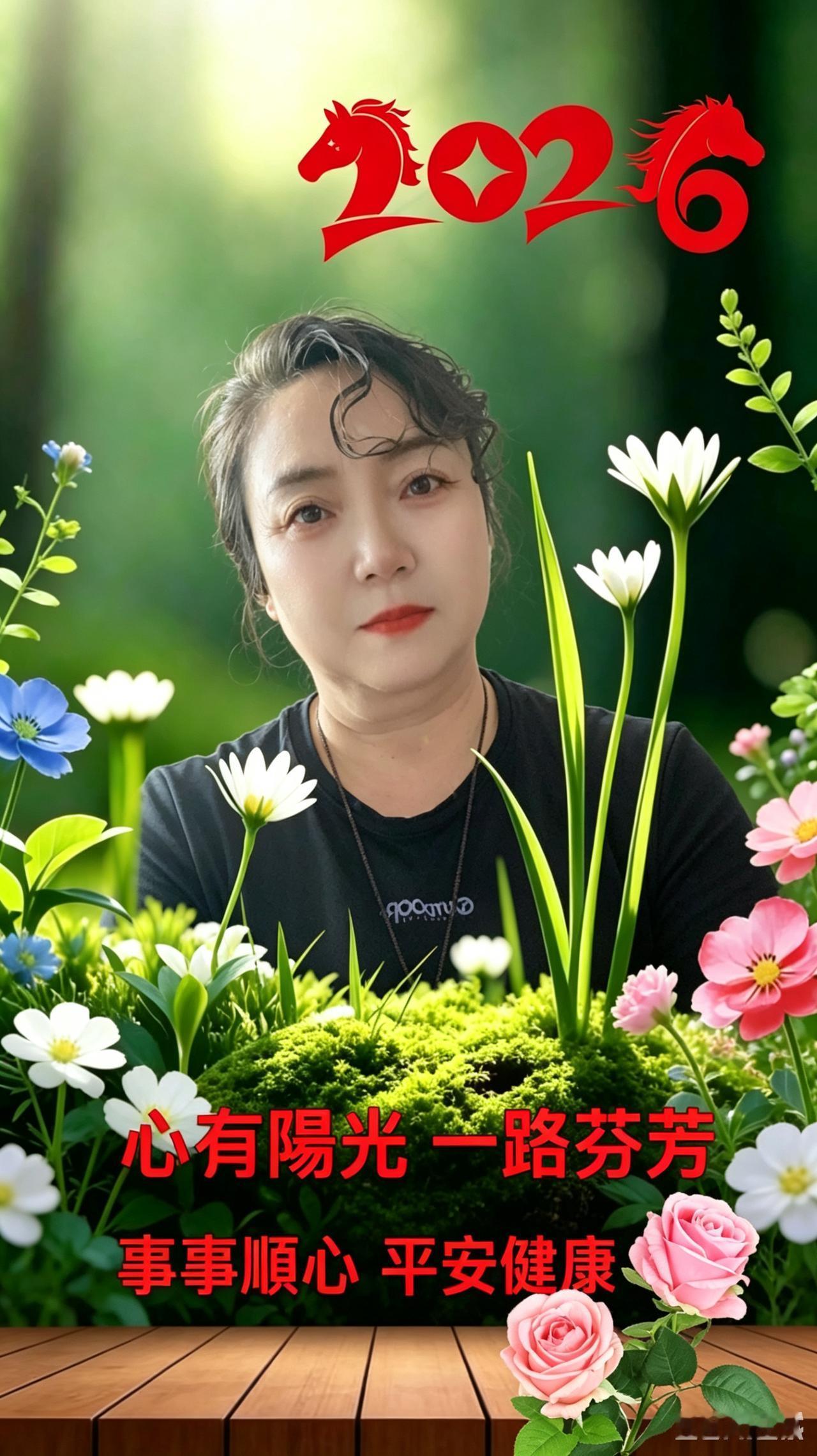 晨韵佳人
晨光轻洒绿林间，
繁花簇簇展娇颜。
佳人娴雅悠然立，
心宁神静意自闲。