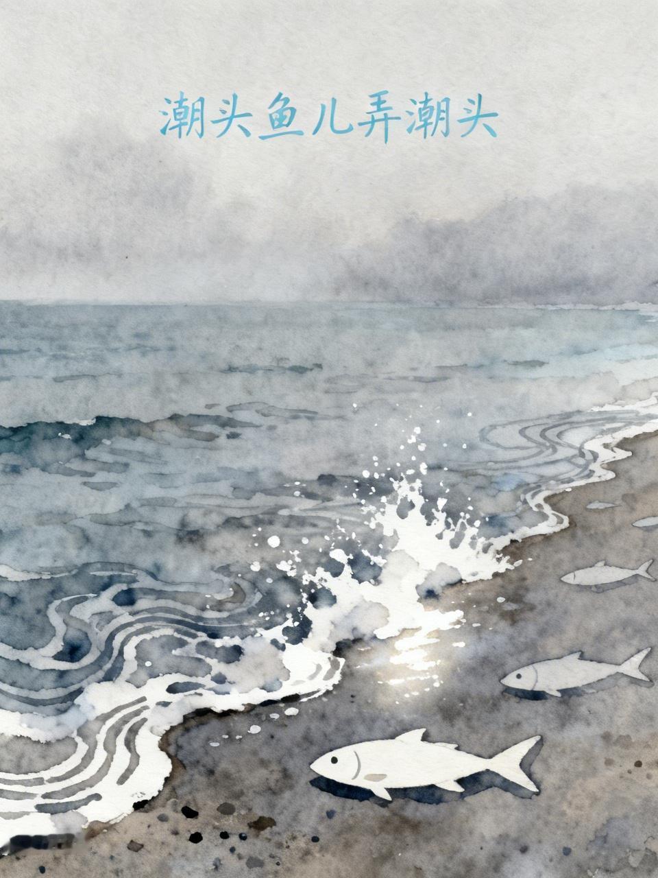 《潮头鱼儿弄潮头》
海天一色蒙蒙灰，
滩涂闻潮讯赶来。
水花斑驳涟漪晕，
潮头牵