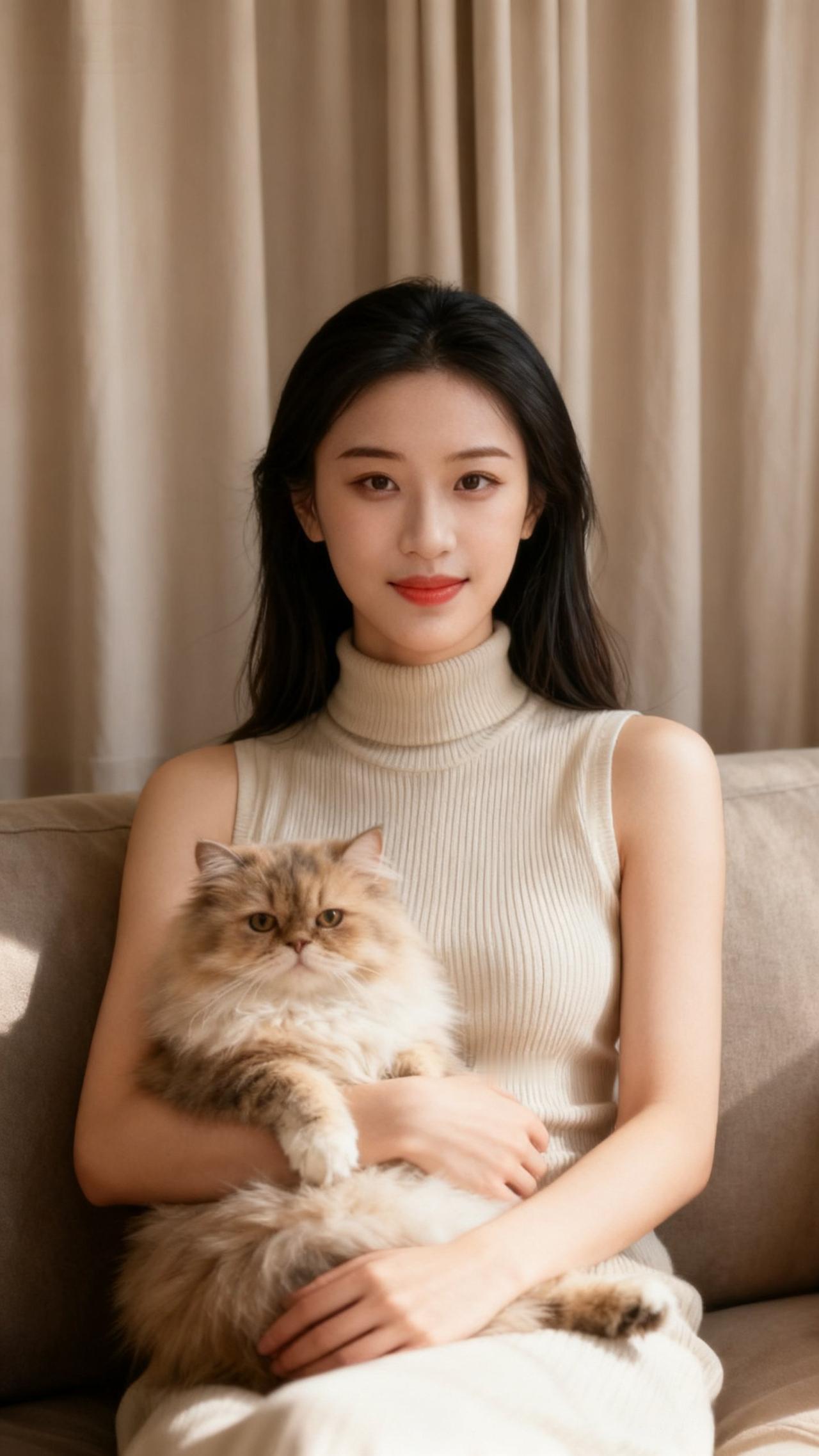 《暖光里的陪伴》
软榻轻承素色衣，
晴光漫卷浅帘丝。
怀中绒雪温如昼，
眸底春风